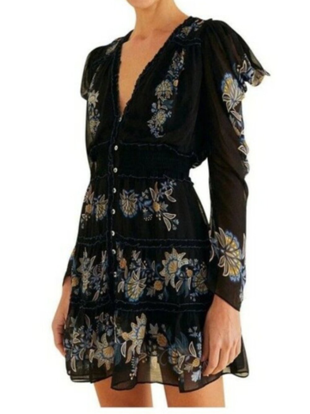 FARM Rio Black Floral Long Sleeve Mini Dress